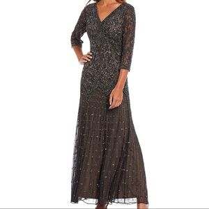 PISARRO NIGHTS gray floral beaded midi formal dress